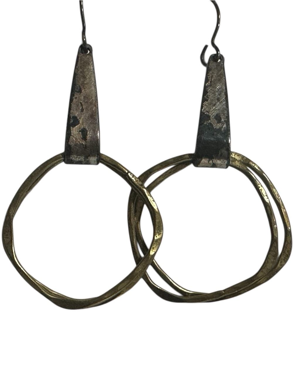 Modernist Oxidized Silver & Gold Tone Artisan Dangle Earrings Rustic